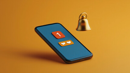 sleek 3D rendering of black mobile phone with notification icons on vibrant orange background, featuring floating bell symbolizing alerts. scene is modern and dynamic
