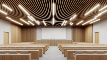 A modern lecture hall featuring wooden accents, rows of seating, and a minimalist design, with bright lights and a central presentation area.