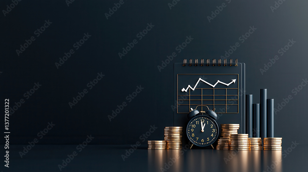 Aufkleber dark blue calendar with rising graph is displayed alongside classic alarm clock and stacks of coins,