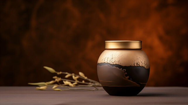 A timeless ceramic keepsake jar, elegantly adorned with gold accents, rests on a dark wooden surface, evoking a sense of quiet remembrance and cherished memories against a rich, textured backdrop.