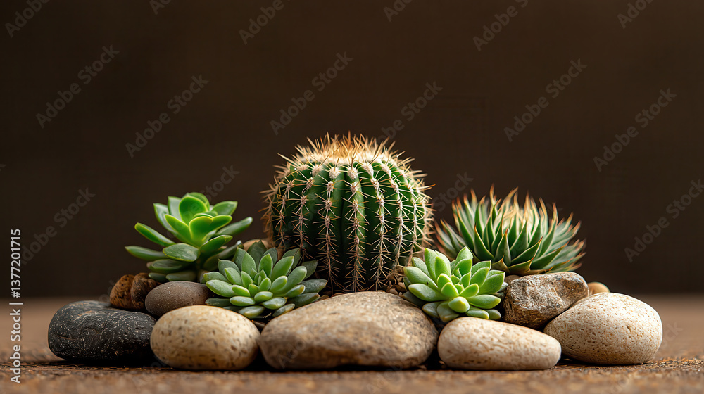 Poster group of various green cacti and succulents arranged with smooth stones on brown surface, creating natural and serene composition. plants display different textures and shapes