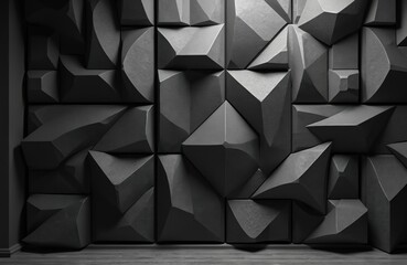 Geometric acoustic foam panels create a soundproof environment. Black triangular abstract 3D wall design, absorbs noise in recording studio. Modern tech for music recording or podcasts.