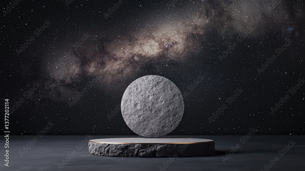 Poster digital illustration of light gray stone circular structure floating above platform against starry n