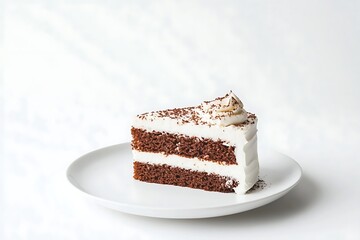 Delicious chocolate cake slice with creamy frosting and cocoa powder on white plate, studio shot