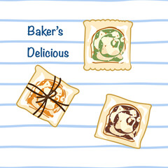 Baker's Delicious Vector Illustration
Green Tone Bread, Matcha Flavor, Orange Tone, Caramel Tone, Brown Tone, Chocolate Tone, Cute Cartoon Style, Bakery Items, Light Blue Horizontal Line Background.