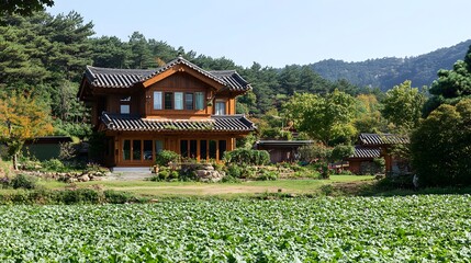 Obraz premium Charming house positioned in lush field surrounded by natural beauty representing traditional rural lifestyle and culture 