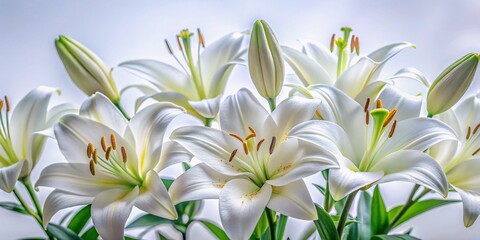 Fototapeta premium Elegant White Lilies: High-Resolution Stock Photo of Pure White Lilies on a Clean White Background