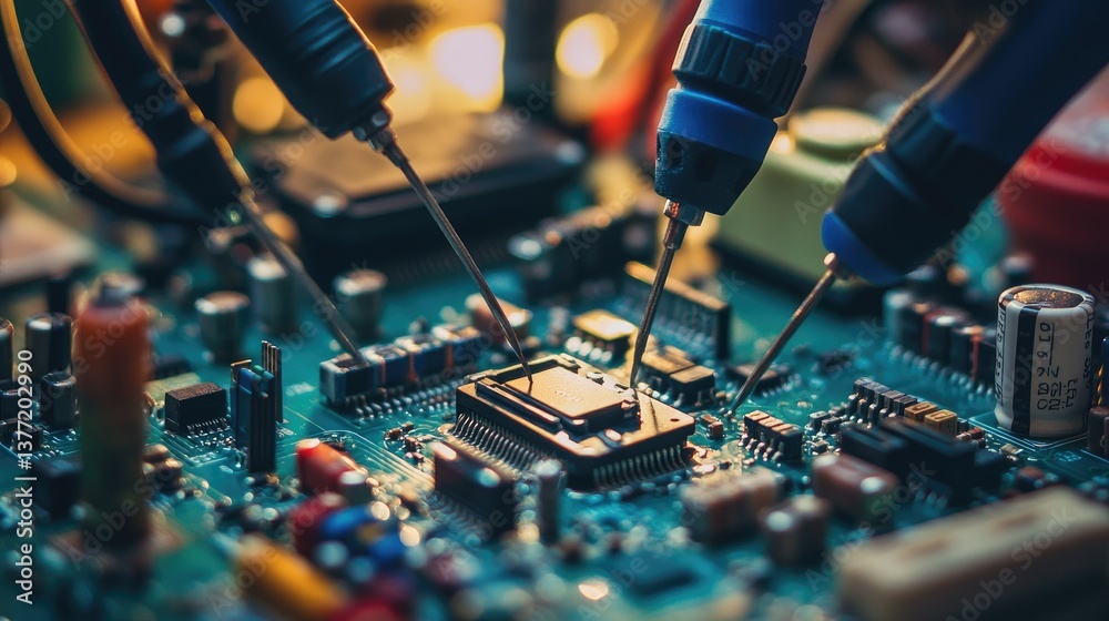 Poster close-up of a diode being tested with multimeter probes, surrounded by circuit boards, wires, and to
