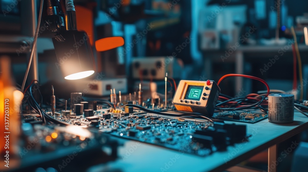 Poster Close-up of an electronics workbench with a diode being tested using a multimeter, surrounded by tools, wires, and circuit boards.