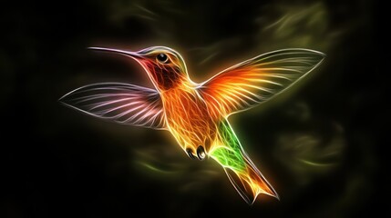 Fototapeta premium Flying Hummingbird, Neon, Abstract, Dark Background