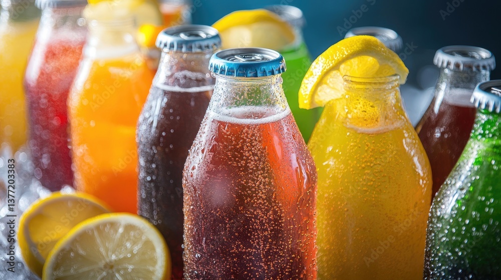 Poster close-up of assorted chilled glass bottles and cans of fizzy drinks such as cola and lemon-lime soda