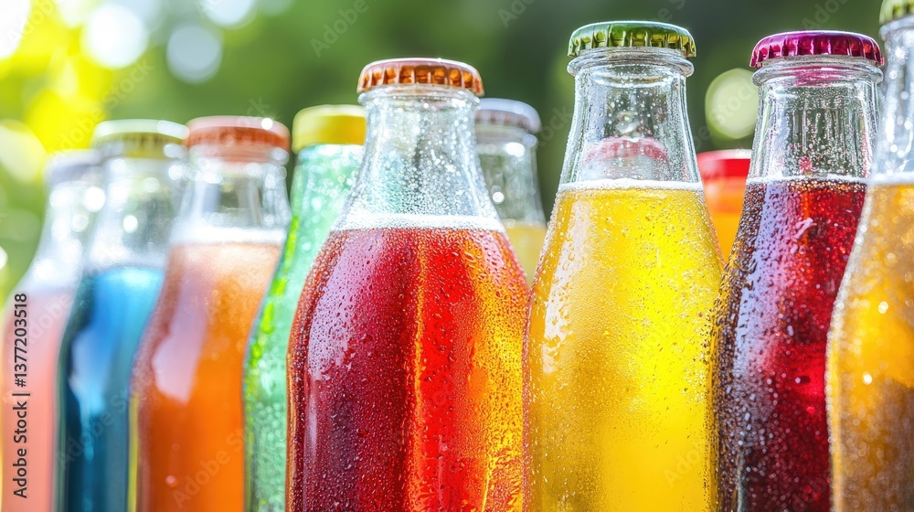 Poster close-up of assorted chilled glass bottles and cans of fizzy drinks such as cola and lemon-lime soda