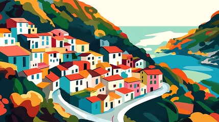 Naklejka premium Coastal Village with Autumn Hills.