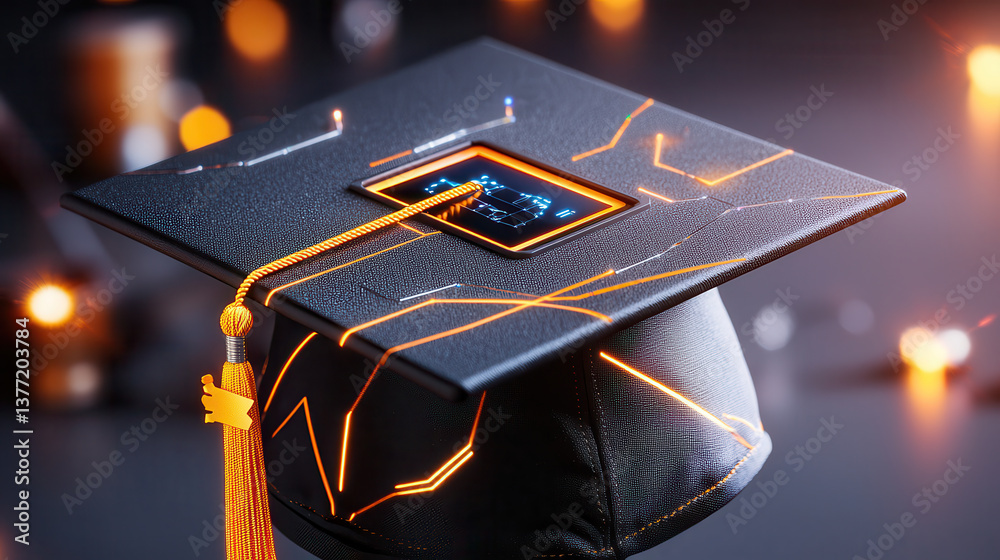 Poster futuristic graduation cap with smart technology features glowing orange circuits and digital display