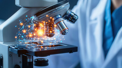 scientist in lab coat examines samples under high tech microscope, with digital data visualization overlaying scene, symbolizing advanced research and innovation