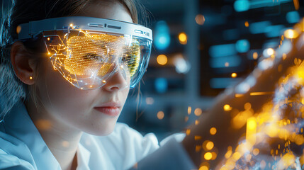 scientist in medical research lab uses AI powered technology, wearing futuristic glasses with digital interfaces, focusing intently on data visualization