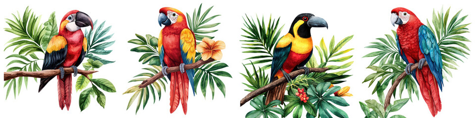 A tropical bird perched on a branch with lush foliage