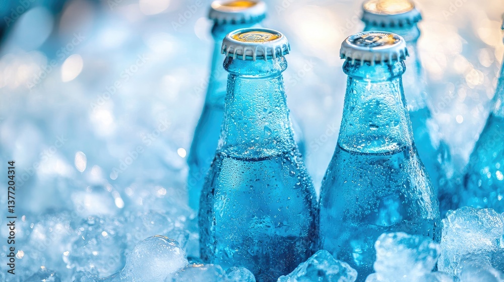 Poster Cold soda bottles resting in ice, creating a refreshing summer drink scene that captures the chill of a hot day.
