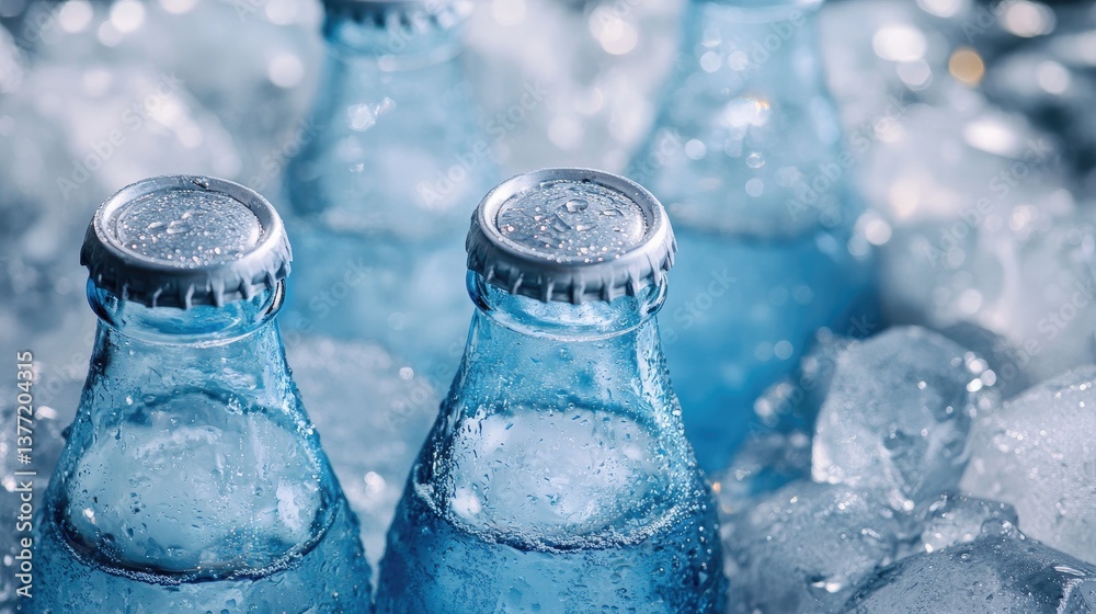 Poster Cold soda bottles resting in ice, creating a refreshing summer drink scene that captures the chill of a hot day.
