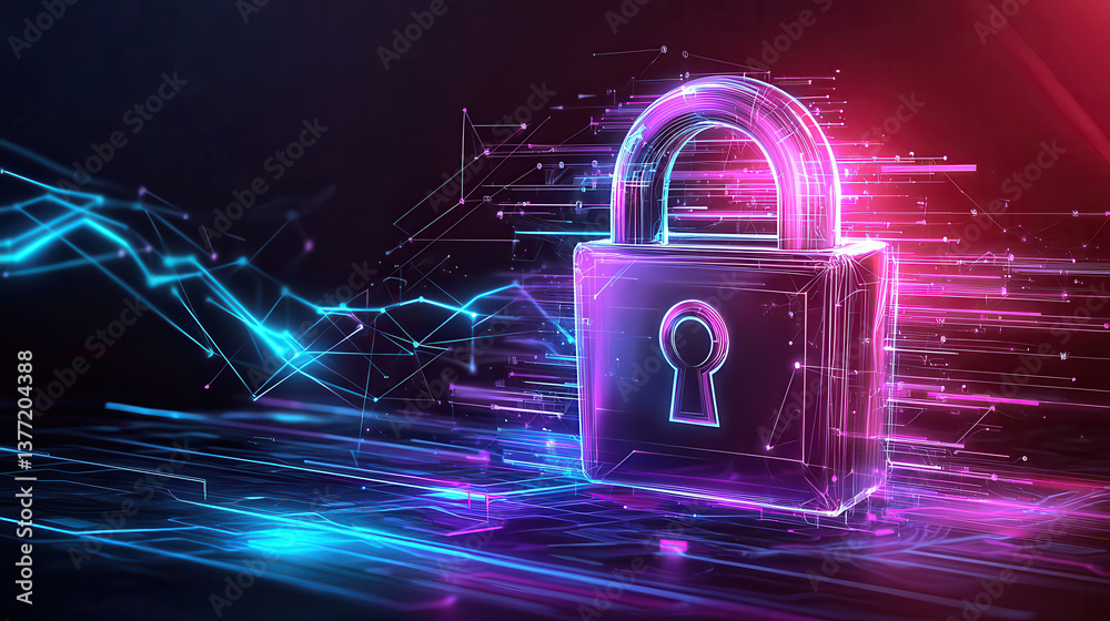 Aufkleber vibrant depiction of network security shows central glowing lock symbolizing protection and data encryption. digital background enhances futuristic theme