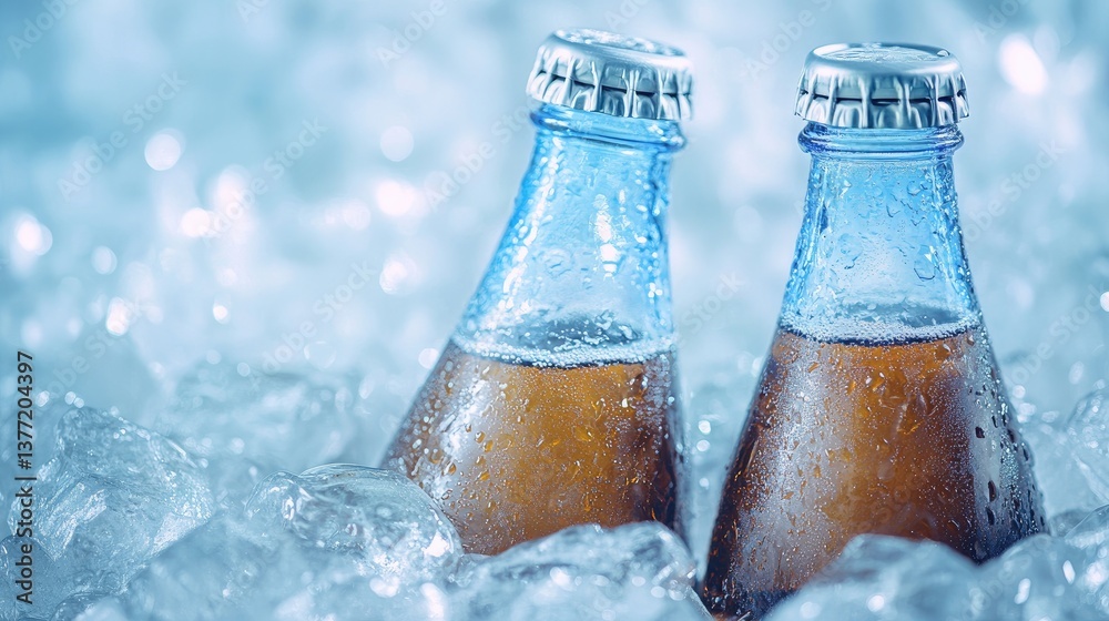 Poster Cold soda bottles resting in ice, creating a refreshing summer drink scene that captures the chill of a hot day.