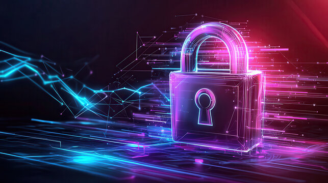 vibrant depiction of network security shows central glowing lock symbolizing protection and data encryption. digital background enhances futuristic theme