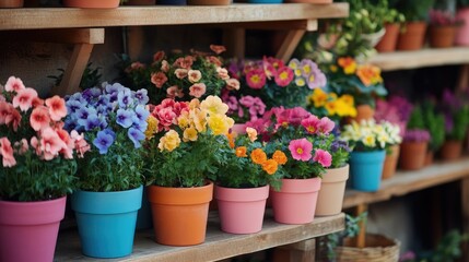 Colorful flower pots filled with blooming flowers in different hues, neatly arranged on shelves to create a lively and vibrant indoor garden display.