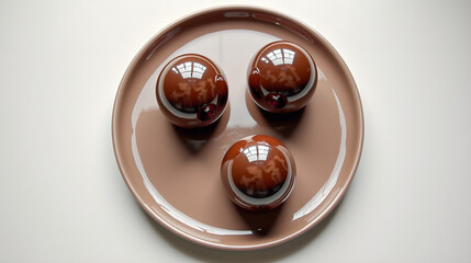 A circular plate showcasing three mirrored chocolate spheres arranged in a triangle
