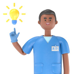 3D illustration of Male Doctor King  pointing finger at light bulb generating new ideas.Transparent Background Mockup.Supports PNG files with transparent backgrounds.