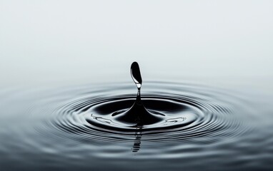 Close-up view of a water droplet impacting a dark-colored liquid surface, creating concentric ripples. The droplet is dark, almost black, and the background is a neutral light gray. The image is