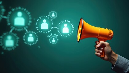 Hand holding orange megaphone against dark green backdrop. Social media icons, people symbols glowing around. Concept marketing advertising social network service promotion communication technology.