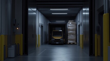Industrial truck in dark warehouse corridor