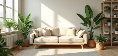 Bright living room interior with green houseplants, beige sofa, wooden furniture, sunlight. Modern home decor with natural, organic design, perfect for real estate tech, home decor magazines, eco