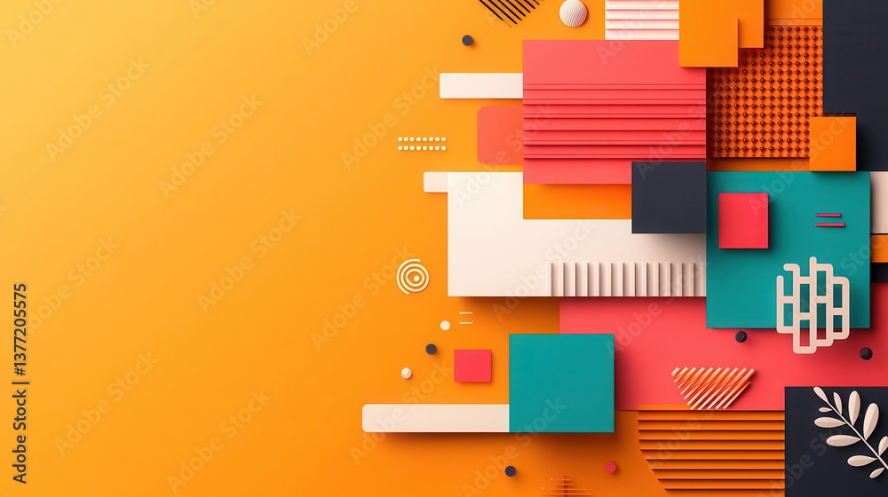 Poster vibrant abstract design featuring geometric patterns with bold colors like orange, red, teal, and cream. composition includes various shapes and textures, creating dynamic visual effect