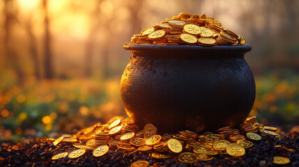 A pot filled with shiny gold coins sits under a vibrant rainbow on a green background, symbolizing luck, prosperity, and joy for St. Patrick’s Day, a celebration of tradition and festive cheer.