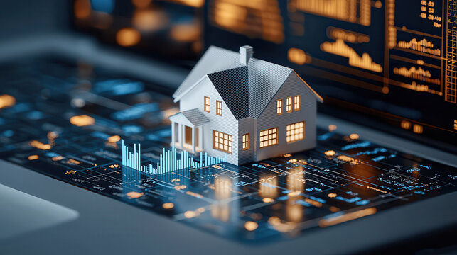 detailed 3D scene features white house model on digital financial interface, with graphs and data charts in background, symbolizing real estate market analysis