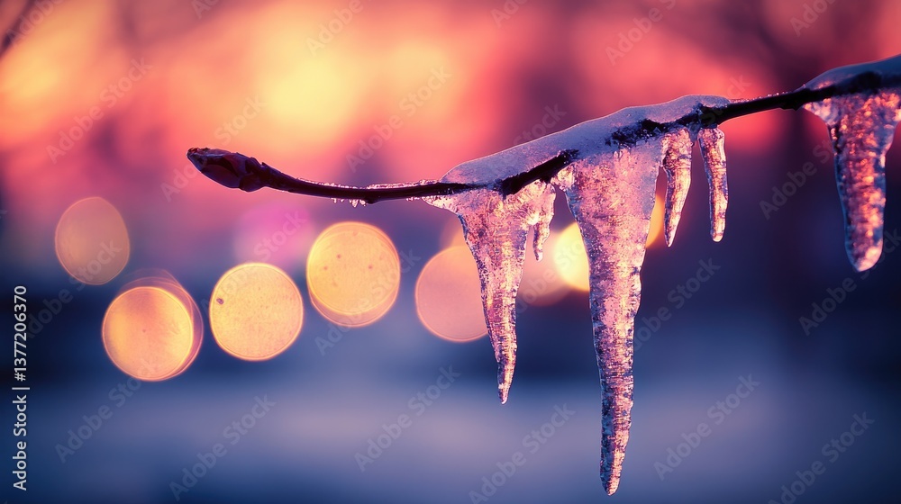 Poster icicles hang from a branch, catching the glow of a colorful sunset, with bokeh lights in the backgro