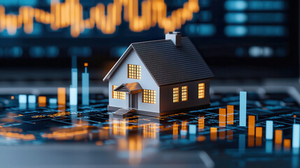 small white house model sits on digital financial chart, symbolizing real estate investment. background features glowing graphs and data, creating futuristic and analytical atmosphere