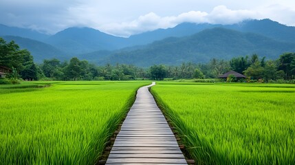 Scenic wooden walkway meandering through lush green rice fields under bright blue sky in rural landscape 