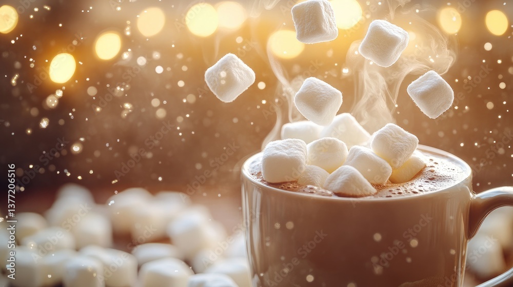 Poster marshmallows floating above a steaming mug of hot chocolate, with a soft, sparkling background, evok
