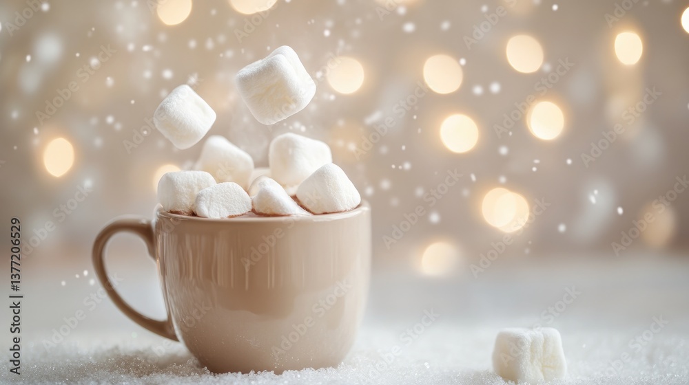 Poster marshmallows floating above a steaming mug of hot chocolate, with a soft, sparkling background, evok