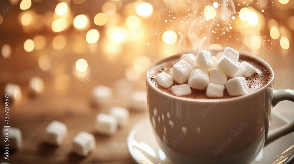 Poster marshmallows floating above a steaming mug of hot chocolate, with a soft, sparkling background, evok