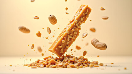 A crunchy peanut brittle bar breaking into pieces in the air, shards scattering with glistening caramel threads stretching out