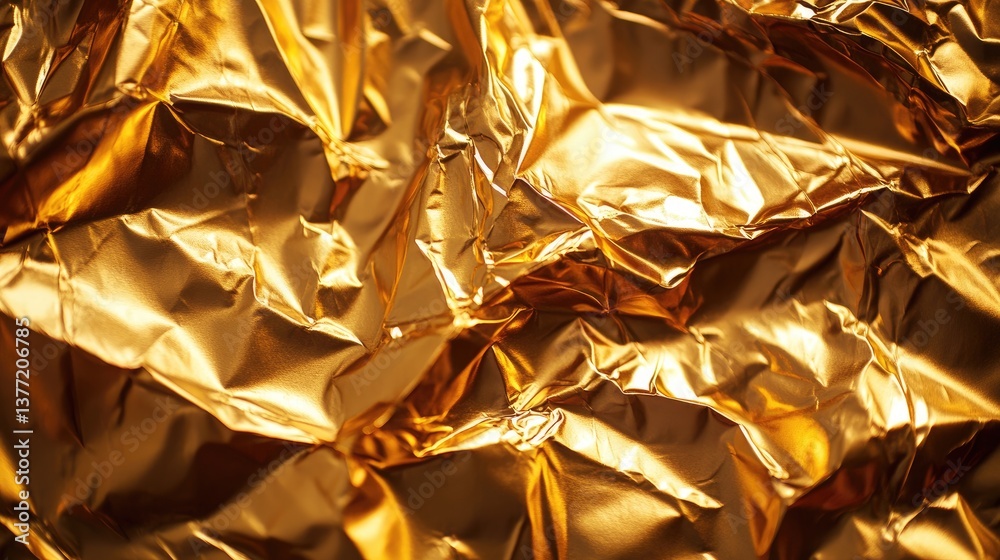 Poster Rumpled metallic foil reflecting warm light, creating a textured and shimmering surface, with the light playing off its folds and creases for an artistic effect.