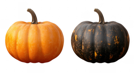 Bright Orange Pumpkin and Dark Black Pumpkin Isolated on White Background