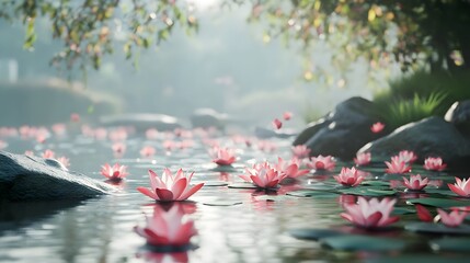 Pink Lotus Blossoms on Gentle Stream