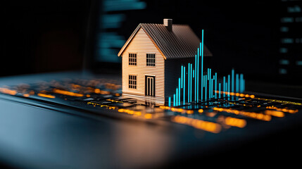 small 3D model of house is placed on dark laptop keyboard, surrounded by glowing data charts, symbolizing real estate technology and digital analytics