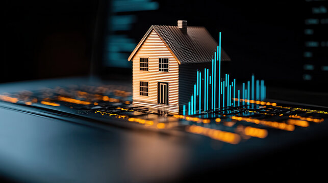 small 3D model of house is placed on dark laptop keyboard, surrounded by glowing data charts, symbolizing real estate technology and digital analytics