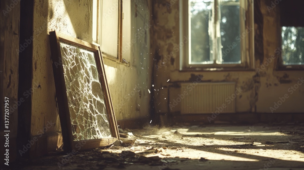 Poster the remains of a broken mirror in a neglected room, with dust particles floating in the sunlight, gi