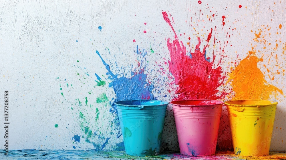 Aufkleber three colorful paint buckets splattered on a pristine white wall, creating an abstract splash of vib